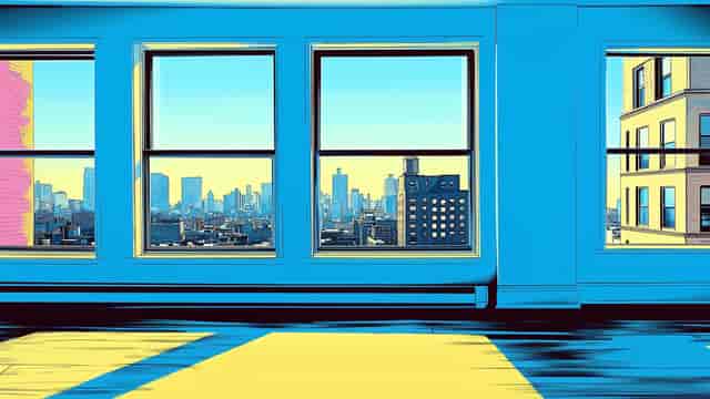 Background, full screen. A big, empty room in a New York City apartment.