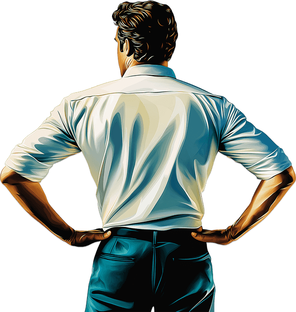 Foreground, nearly full height. A man surveys an empty room in his apartment.