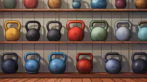 Illustration of colorful kettlebells arranged on wooden shelves in a home gym.
