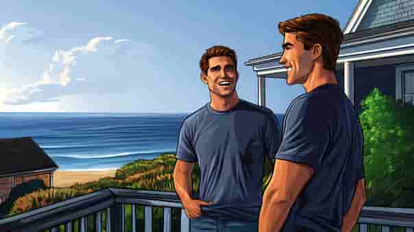 Illustration of two men chatting on a deck outside a home that needs a personal gym.