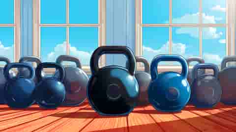 Illustration of kettlebells lined up on a wooden floor in a home gym.