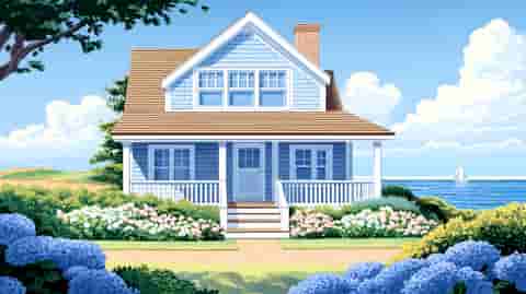 Illustration of a beach house by the water with a sailboat in the background.