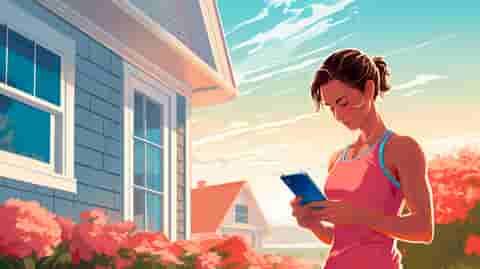 Illustration of a woman outside a beach house checking her phone.